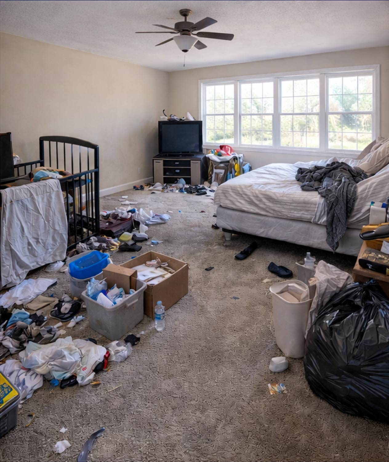 Evicion mess with bed, crib, and trash left behind in bedroom